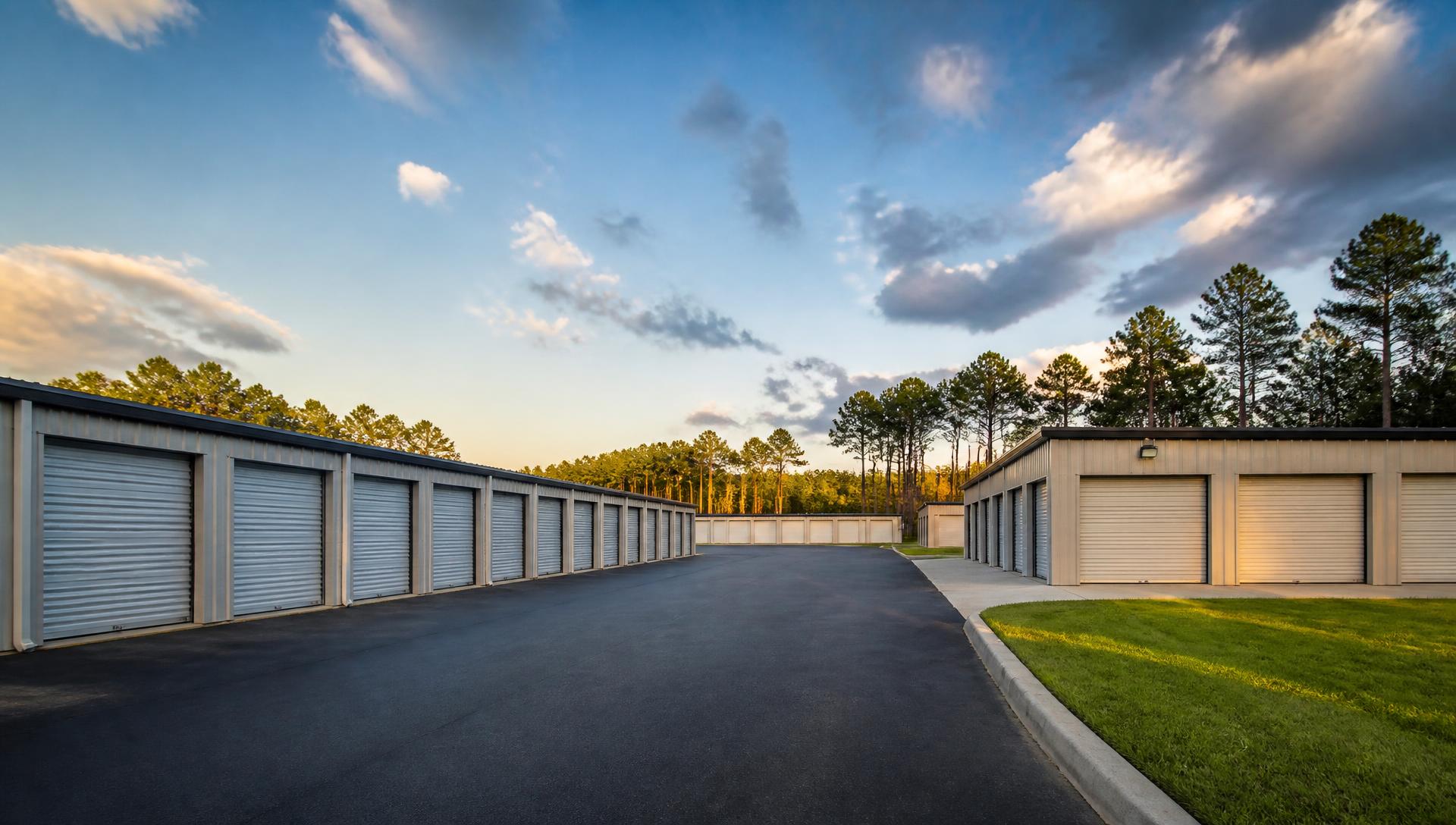 Wide drive aisle between clean rows of USA Self Storage units under an Arkansas sky