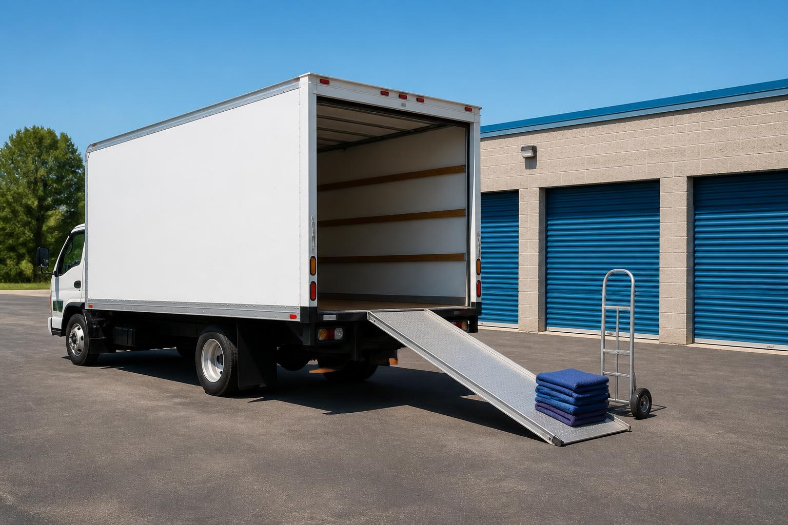 Box truck with the ramp down parked in front of storage units