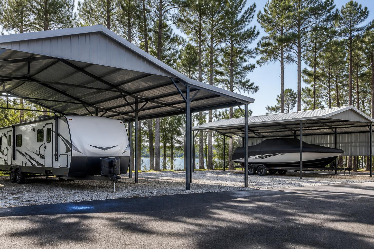 Covered RV and boat storage spaces near an Arkansas lake